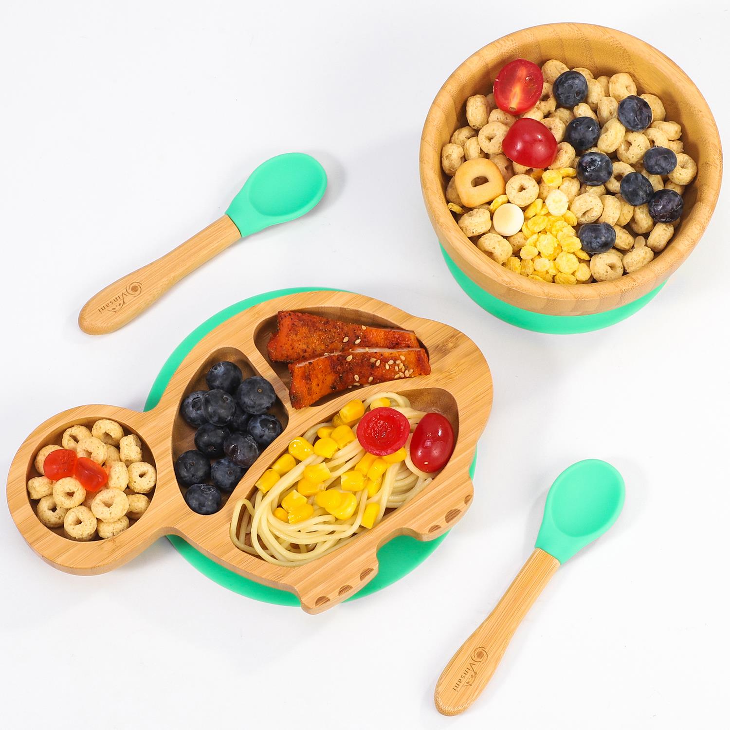 Vinsani Bamboo Turtle Plate Bowl & Spoon Set Suction Bowl Stay-Put Design - Picture 22 of 73