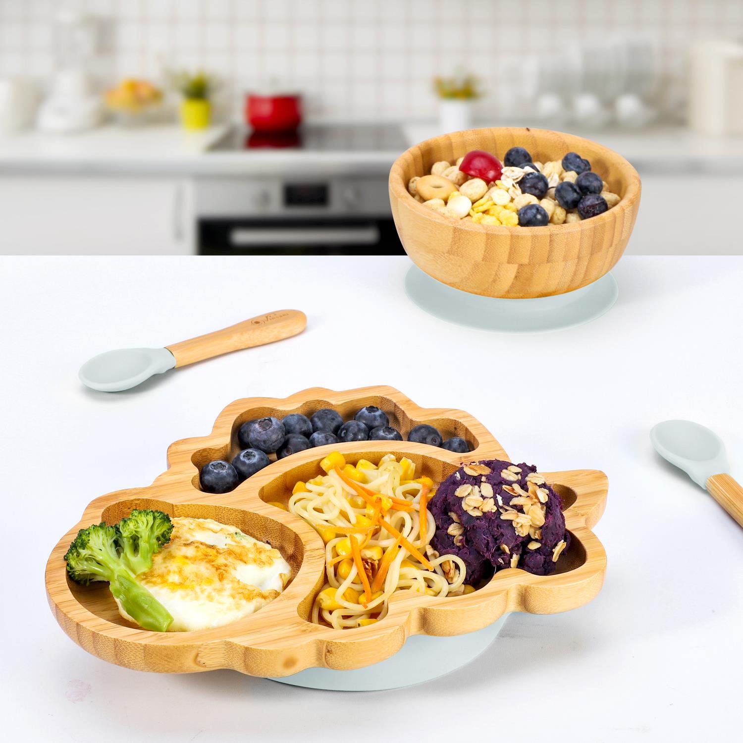 Vinsani Bamboo Dinosaur Plate Bowl & Spoon Set Suction Bowl Stay-Put Design - Picture 32 of 73