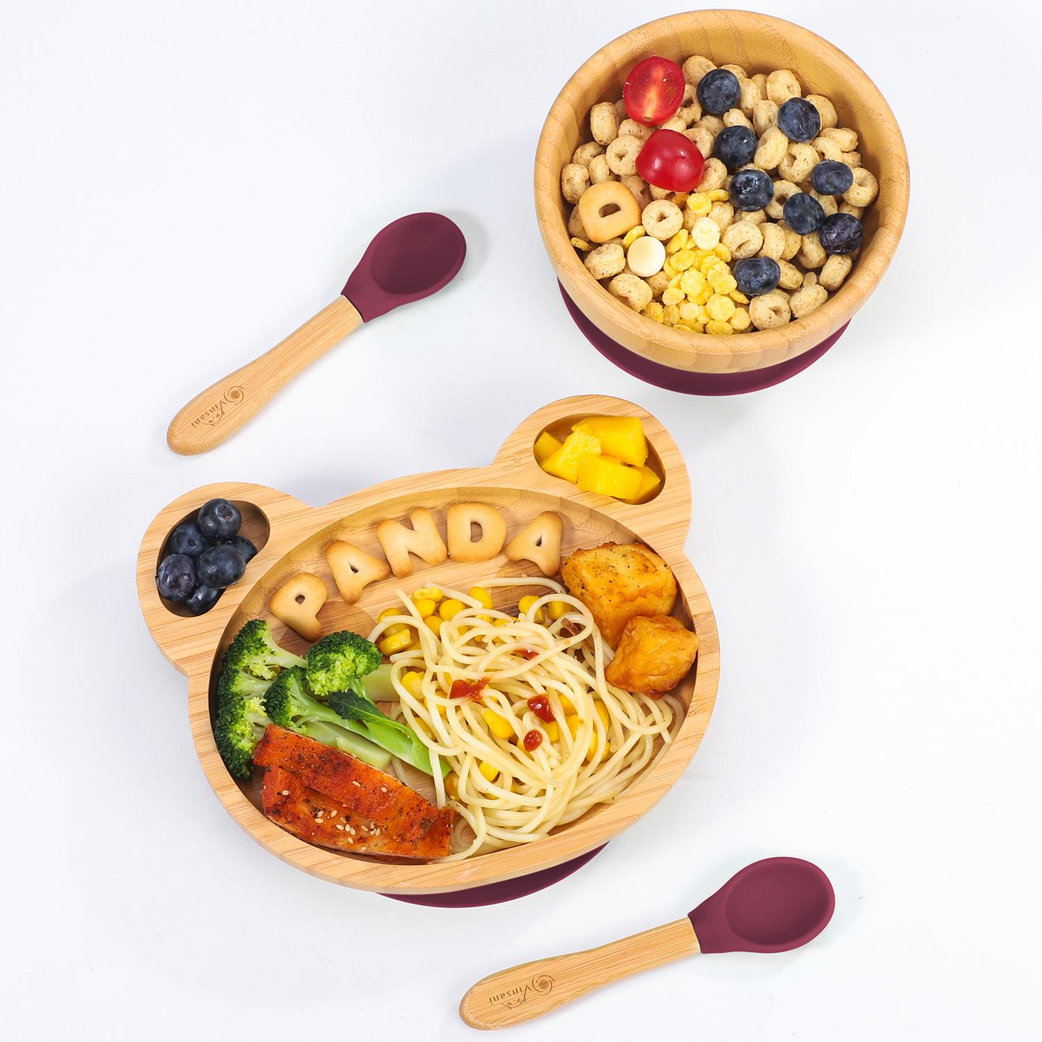 Vinsani Bamboo Panda Plate Bowl & Spoon Set Suction Bowl Stay-Put Design - Picture 58 of 73