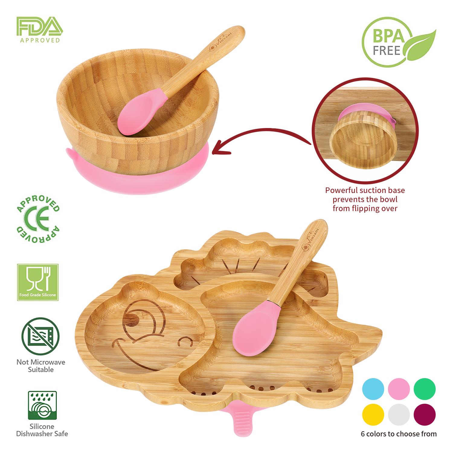Vinsani Bamboo Dinosaur Plate Bowl & Spoon Set Suction Bowl Stay-Put Design - Picture 39 of 73