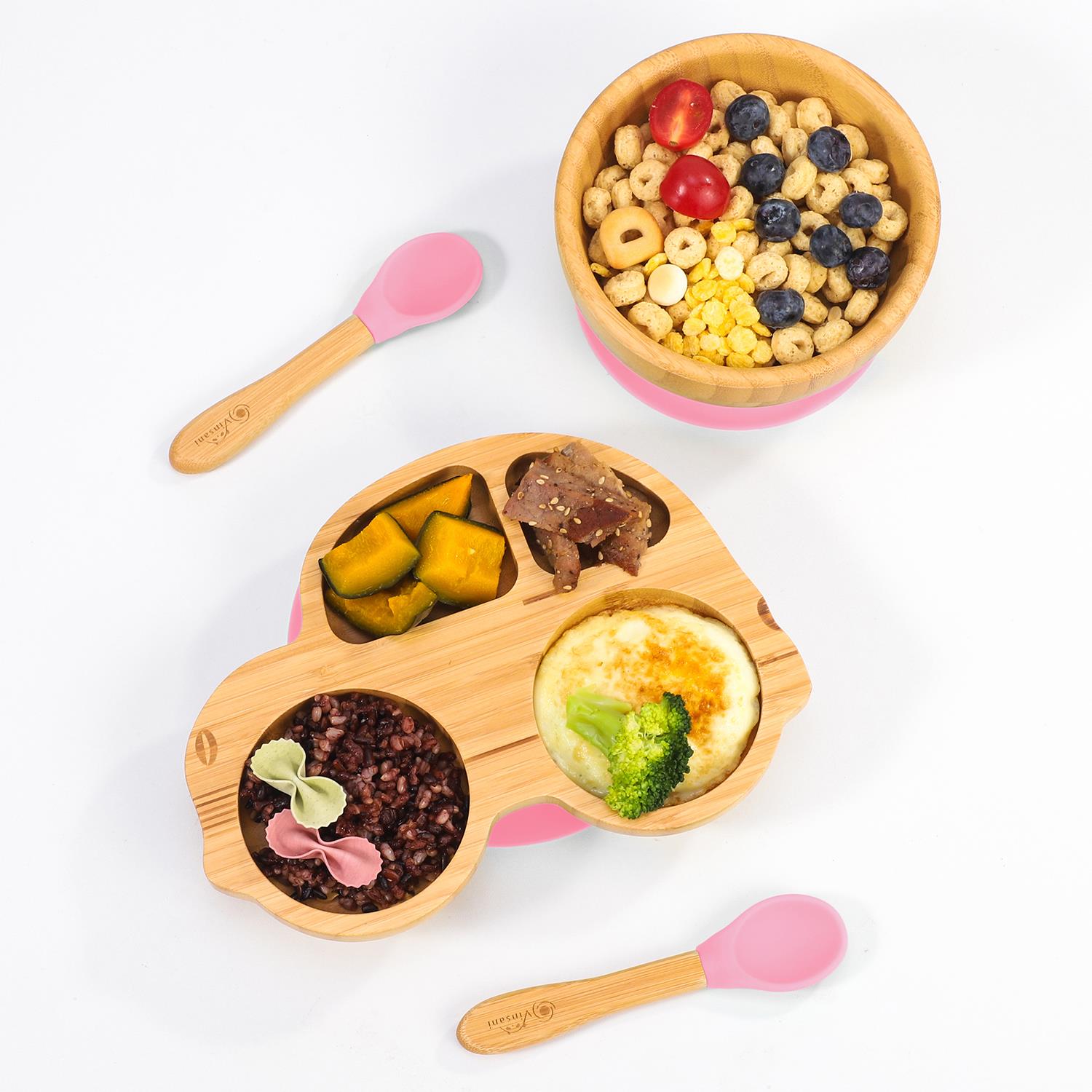Vinsani Bamboo Car Plate Bowl & Spoon Set Suction Bowl Stay-Put Design for Kids - Picture 43 of 67
