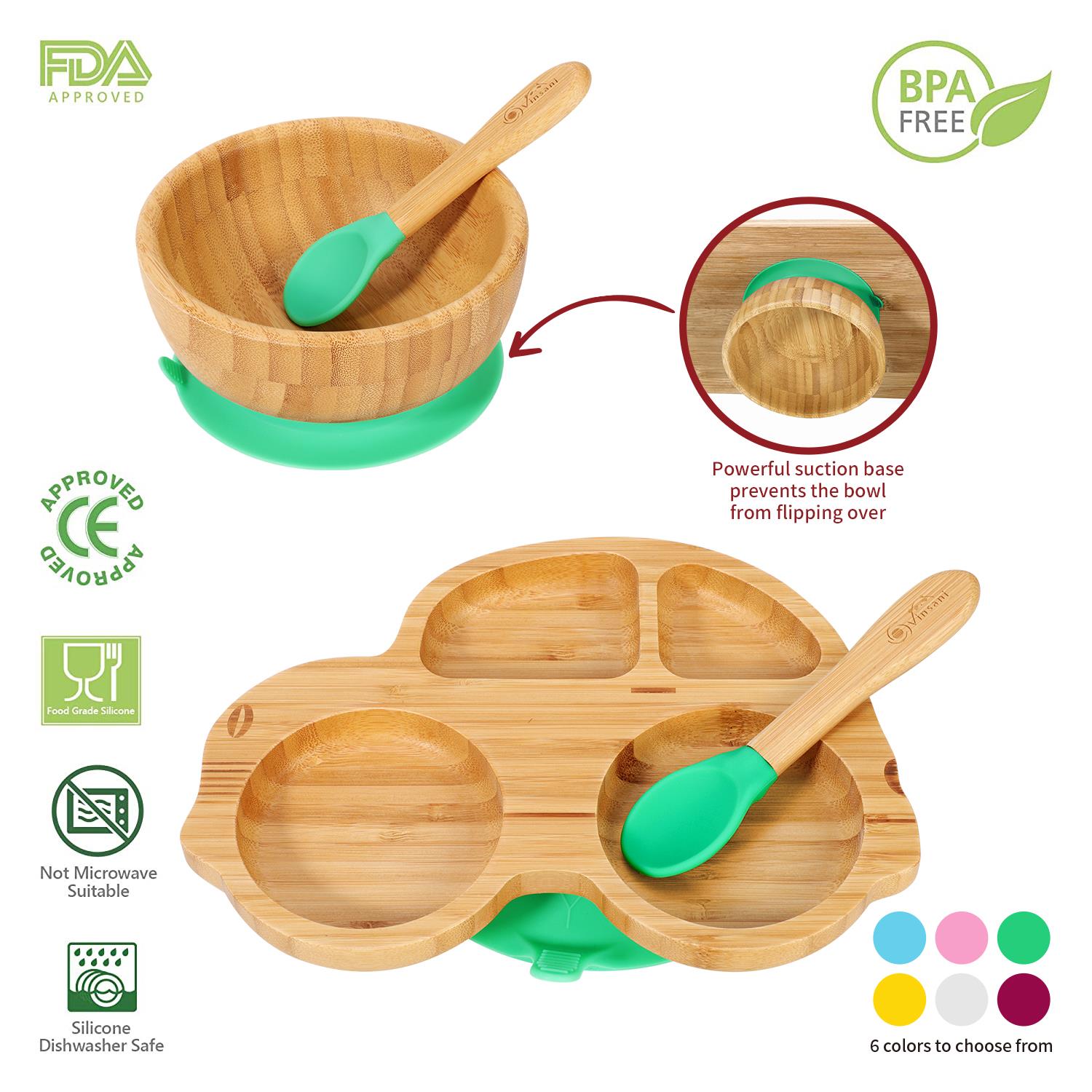 Vinsani Bamboo Car Plate Bowl & Spoon Set Suction Bowl Stay-Put Design for Kids - Picture 14 of 67