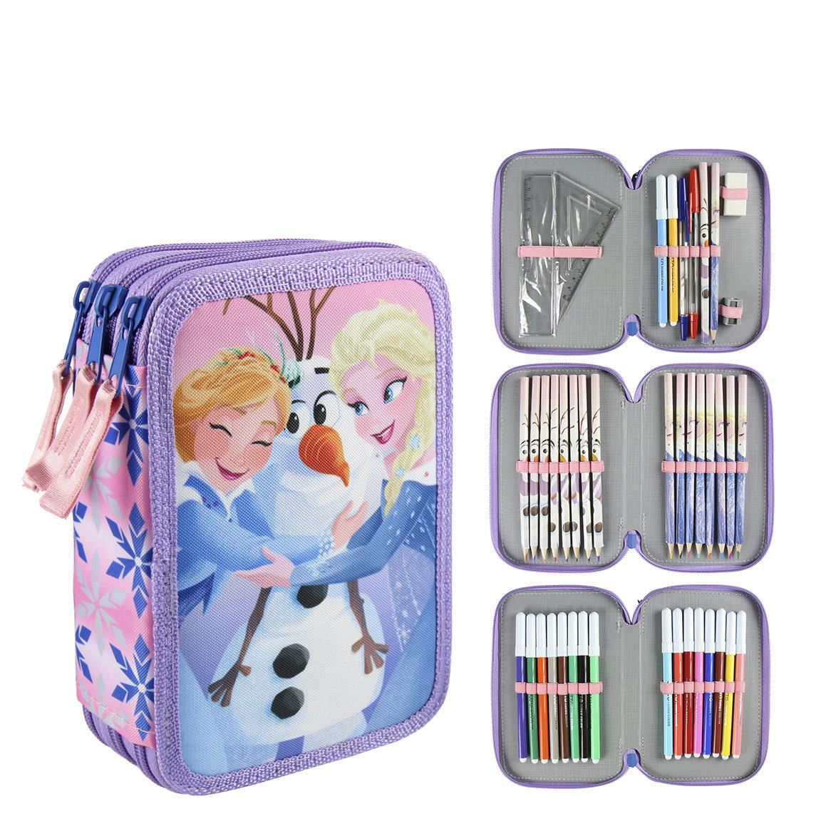 Disney Frozen Triple Pencil Case Set Filled 42pcs 3 Tier Purple