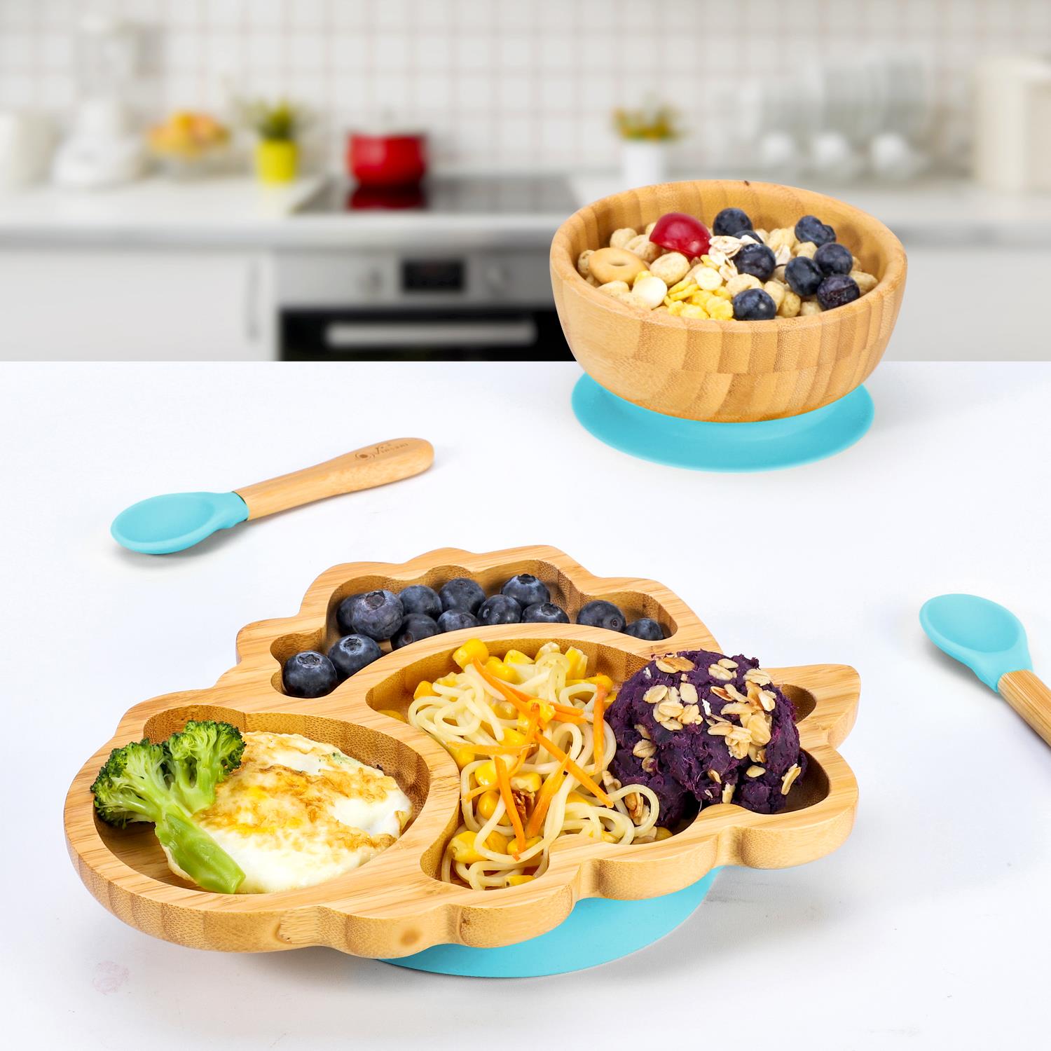 Vinsani Bamboo Dinosaur Plate Bowl & Spoon Set Suction Bowl Stay-Put Design - Picture 8 of 73