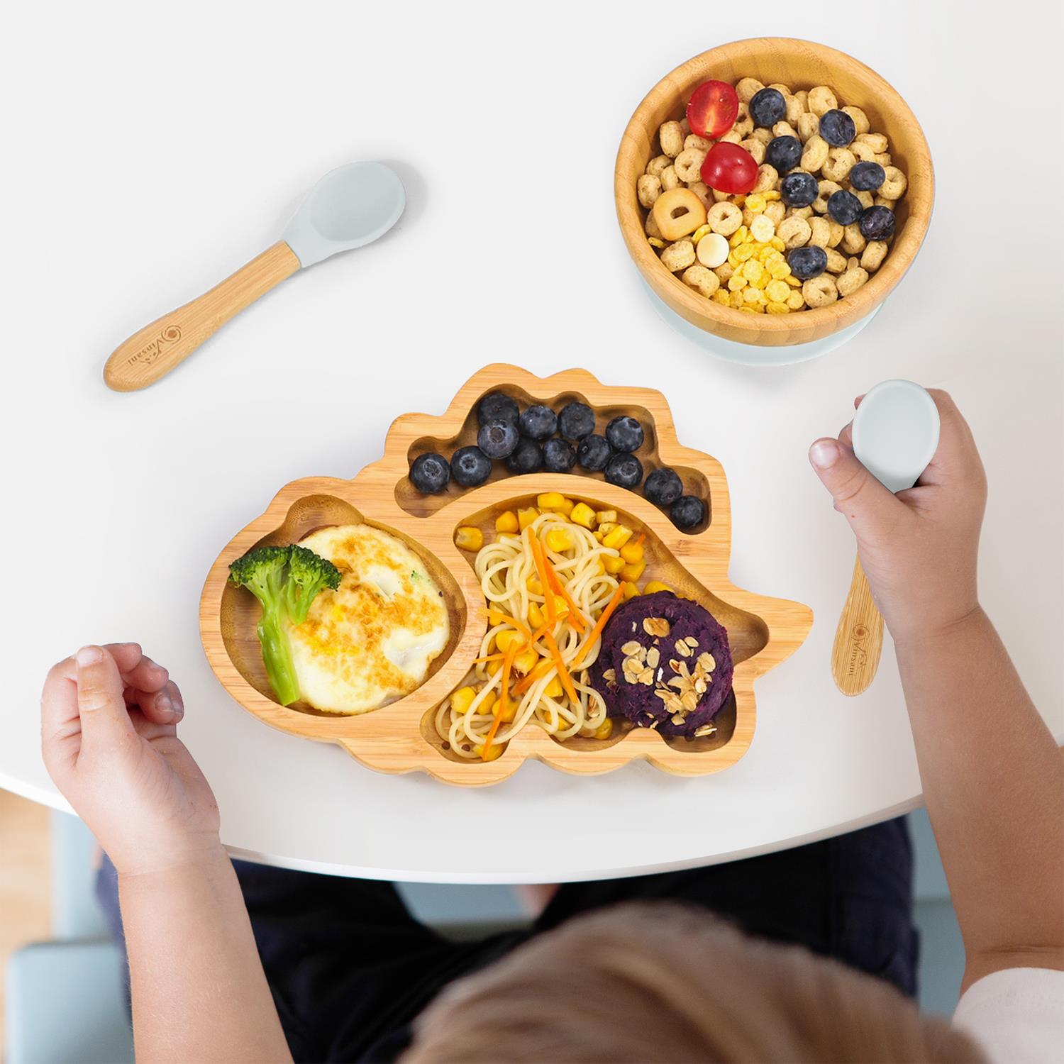 Vinsani Bamboo Dinosaur Plate Bowl & Spoon Set Suction Bowl Stay-Put Design - Picture 30 of 73