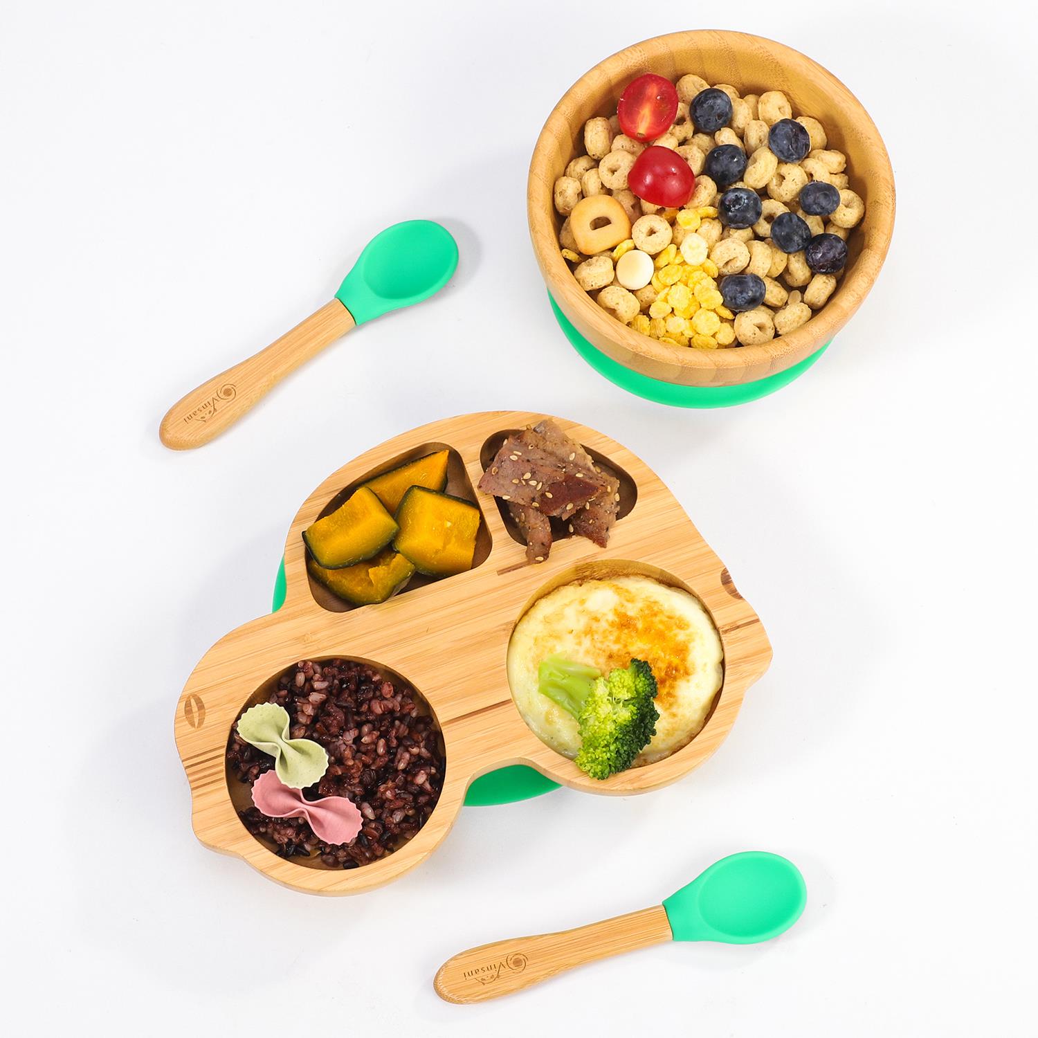 Vinsani Bamboo Car Plate Bowl & Spoon Set Suction Bowl Stay-Put Design for Kids - Picture 21 of 67