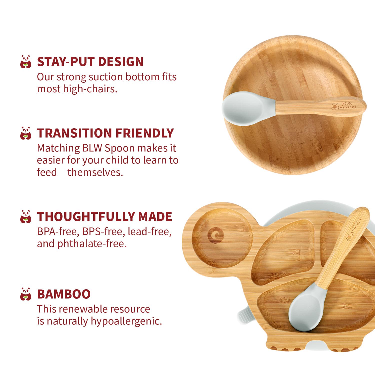 Vinsani Bamboo Turtle Plate Bowl & Spoon Set Suction Bowl Stay-Put Design - Picture 29 of 73