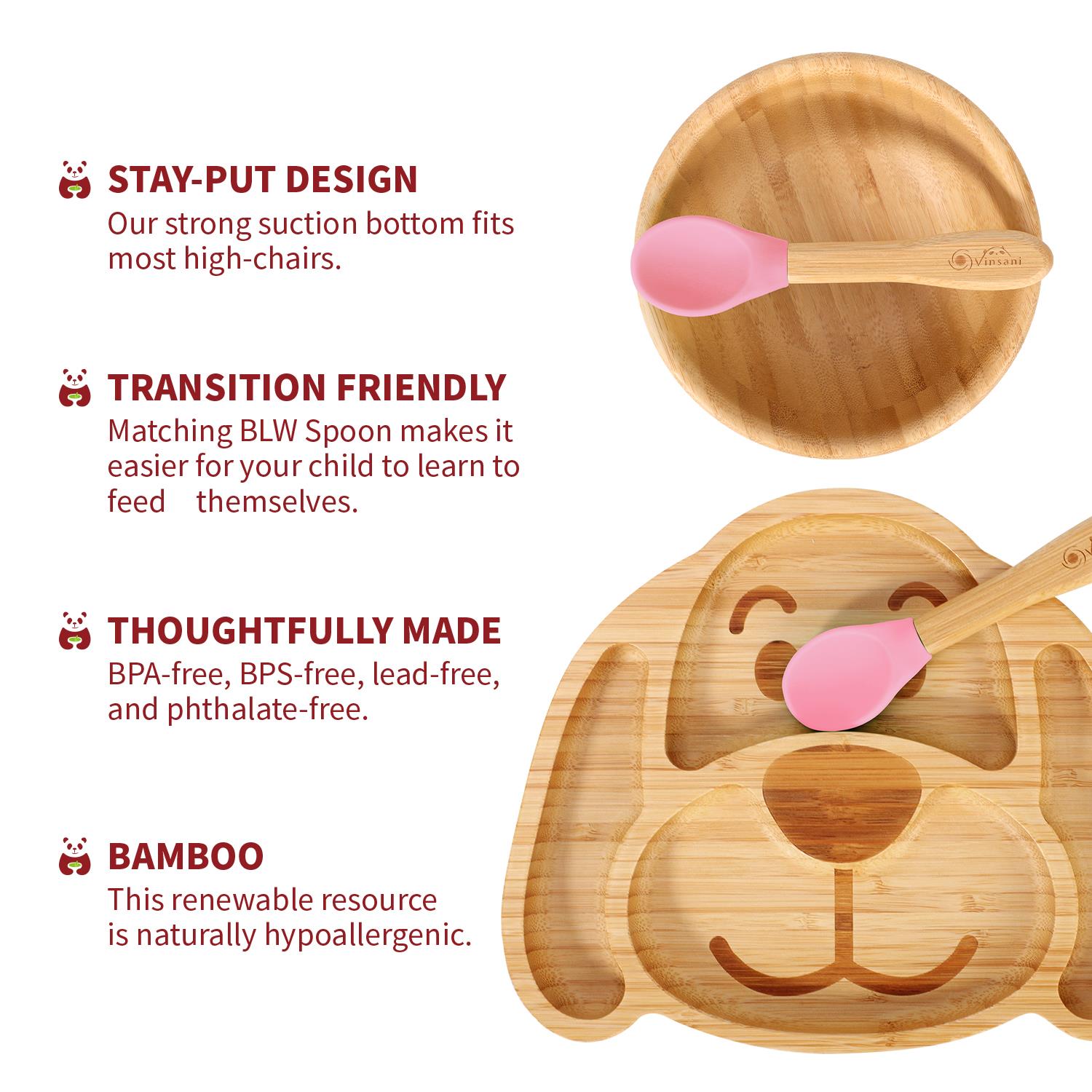 Vinsani Bamboo Dog Plate Bowl & Spoon Set Suction Bowl Stay-Put Design - Picture 41 of 73