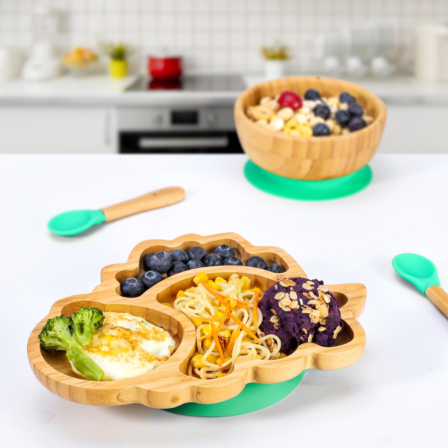 Vinsani Bamboo Dinosaur Plate Bowl & Spoon Set Suction Bowl Stay-Put Design - Picture 20 of 73