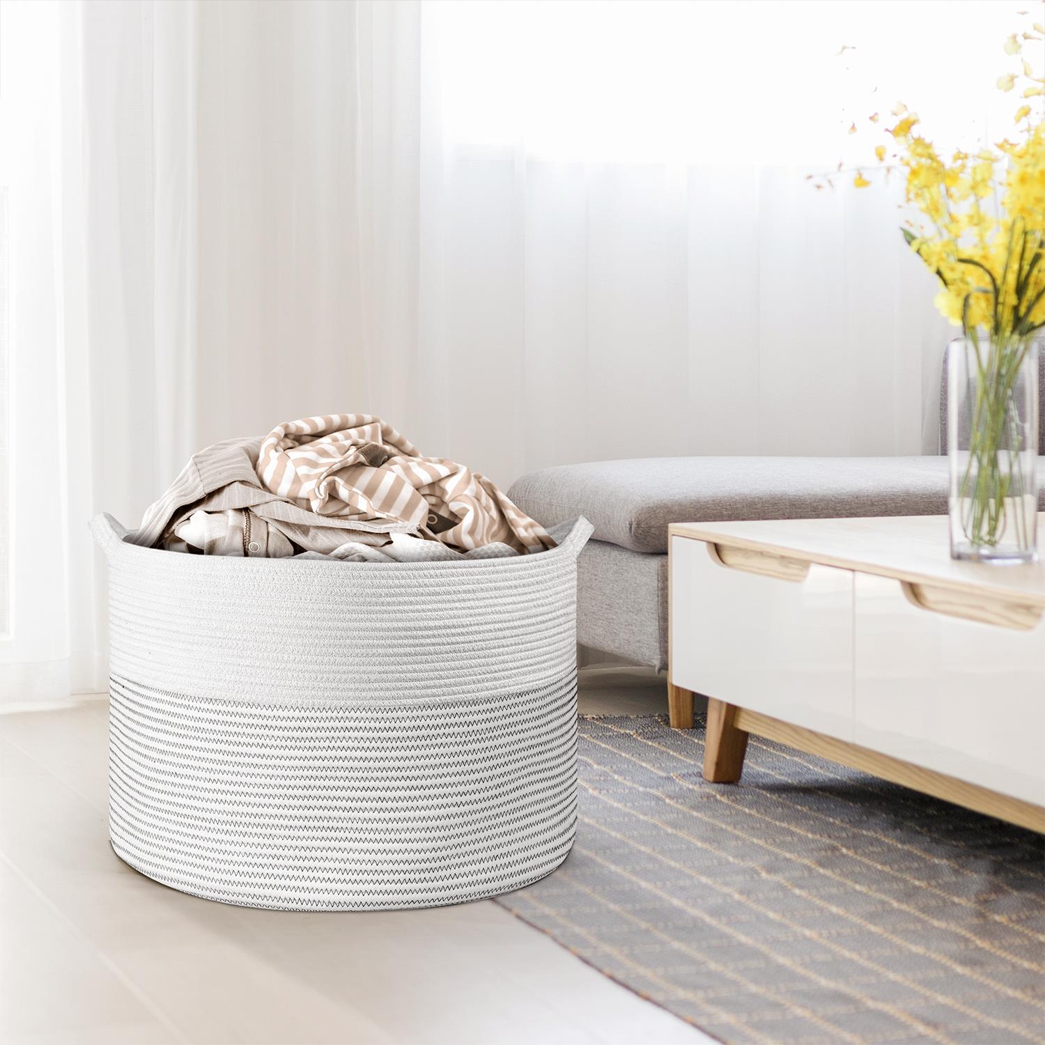 Vinsani Laundry Basket Natural Cotton Hand-Woven Rope Hamper Minimalist Storage - Picture 49 of 68