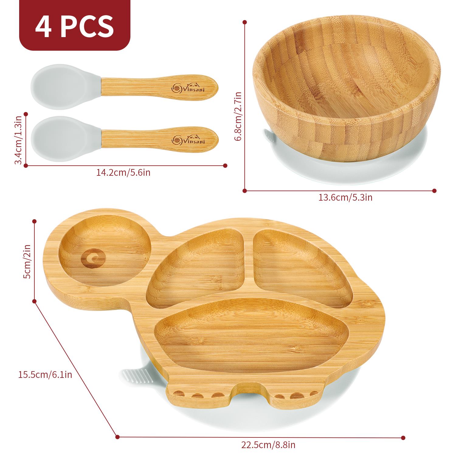 Vinsani Bamboo Turtle Plate Bowl & Spoon Set Suction Bowl Stay-Put Design - Picture 31 of 73