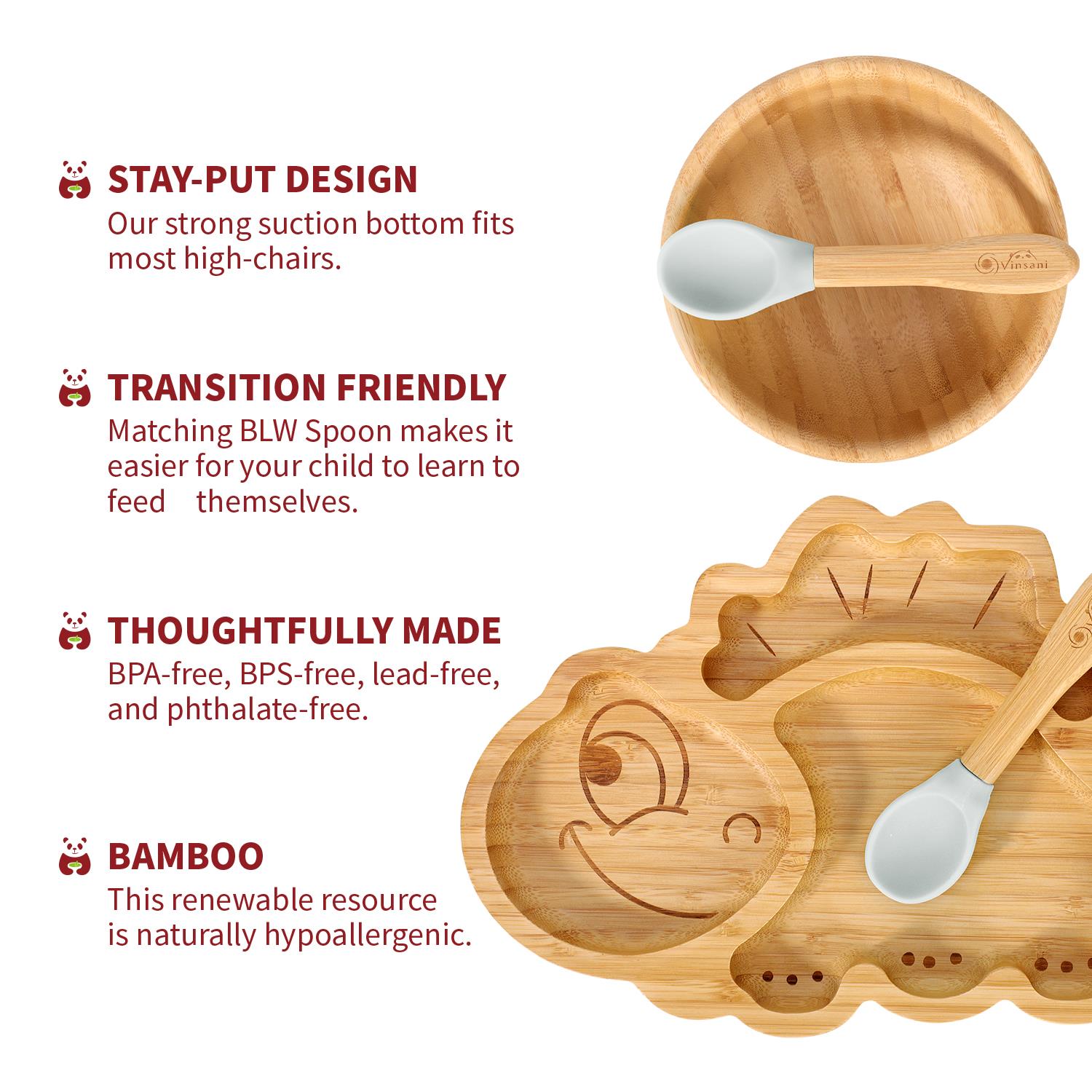 Vinsani Bamboo Dinosaur Plate Bowl & Spoon Set Suction Bowl Stay-Put Design - Picture 29 of 73