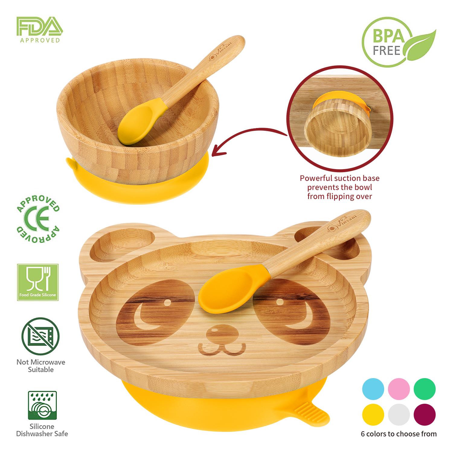 Vinsani Bamboo Panda Plate Bowl & Spoon Set Suction Bowl Stay-Put Design - Picture 63 of 73