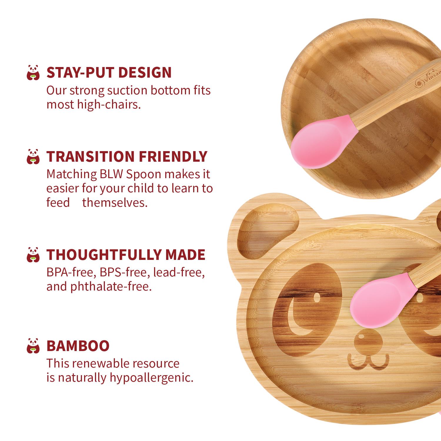 Vinsani Bamboo Panda Plate Bowl & Spoon Set Suction Bowl Stay-Put Design - Picture 41 of 73