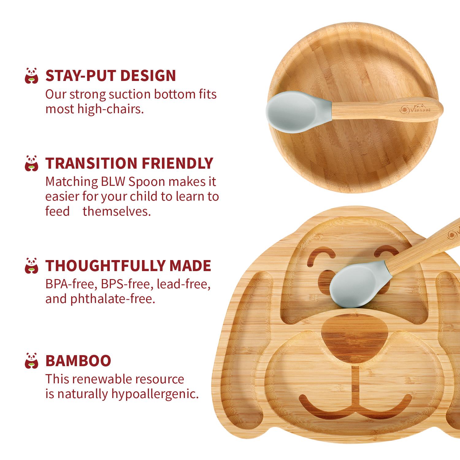Vinsani Bamboo Dog Plate Bowl & Spoon Set Suction Bowl Stay-Put Design - Picture 29 of 73