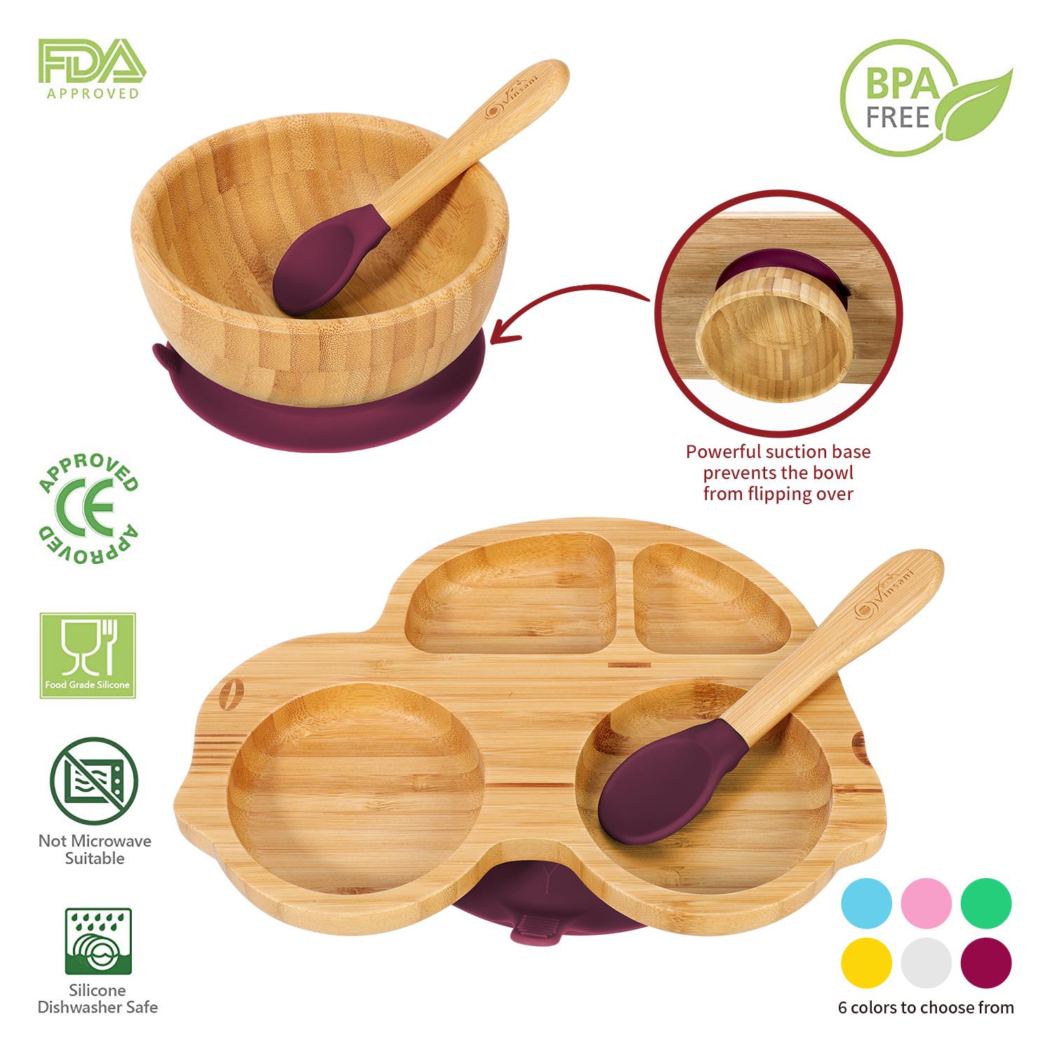 Vinsani Bamboo Car Plate Bowl & Spoon Set Suction Bowl Stay-Put Design for Kids - Picture 47 of 67