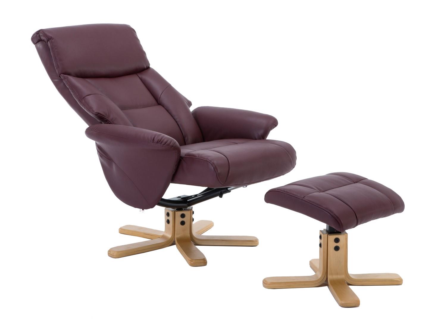 Marseille Faux Leather Swivel Recliner Chair In Burgundy With Footstool