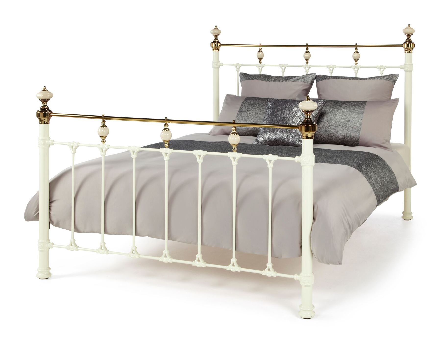 6Ft Super King Bed Metal Frame Victorian Style Ivory/Brass Finish
