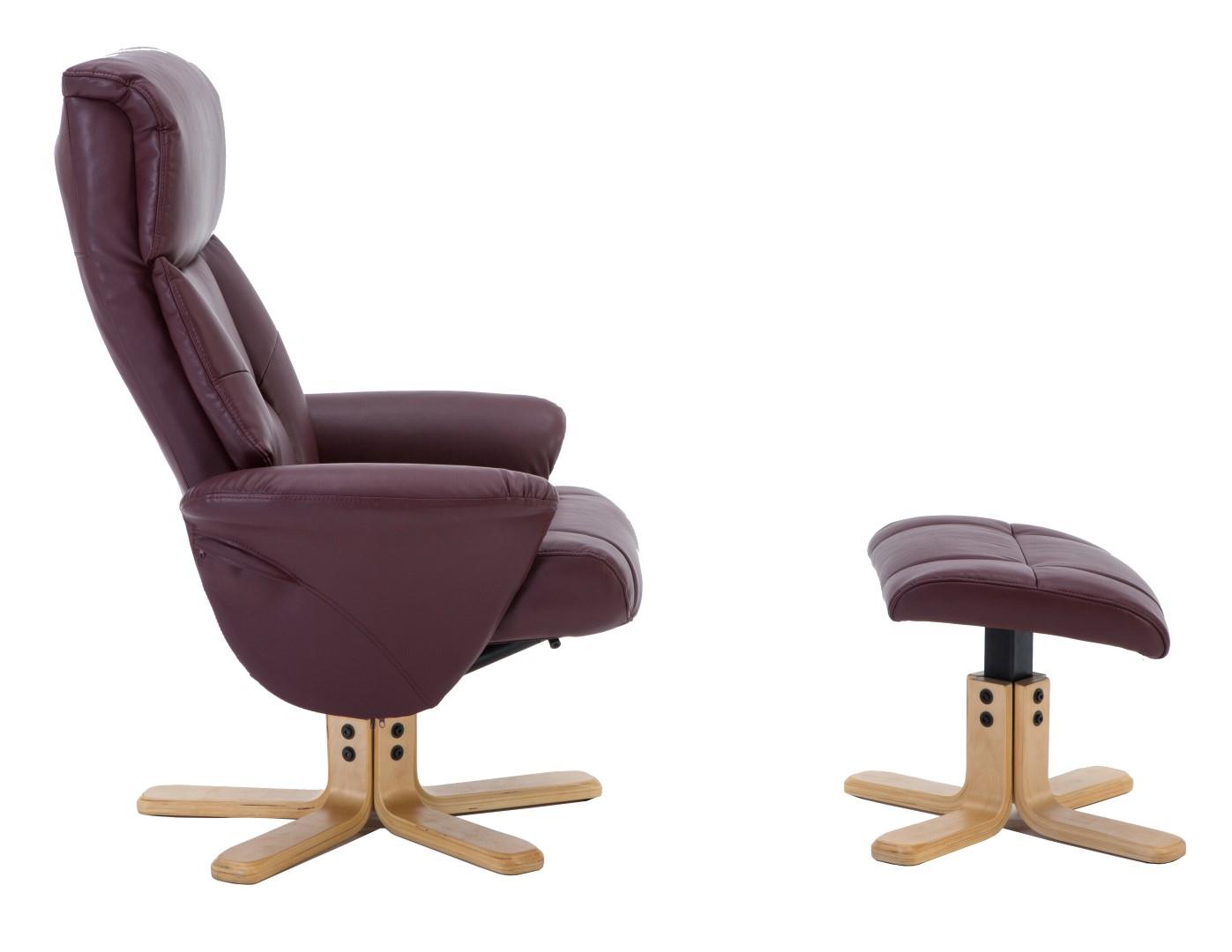Marseille Faux Leather Swivel Recliner Chair In Burgundy With Footstool