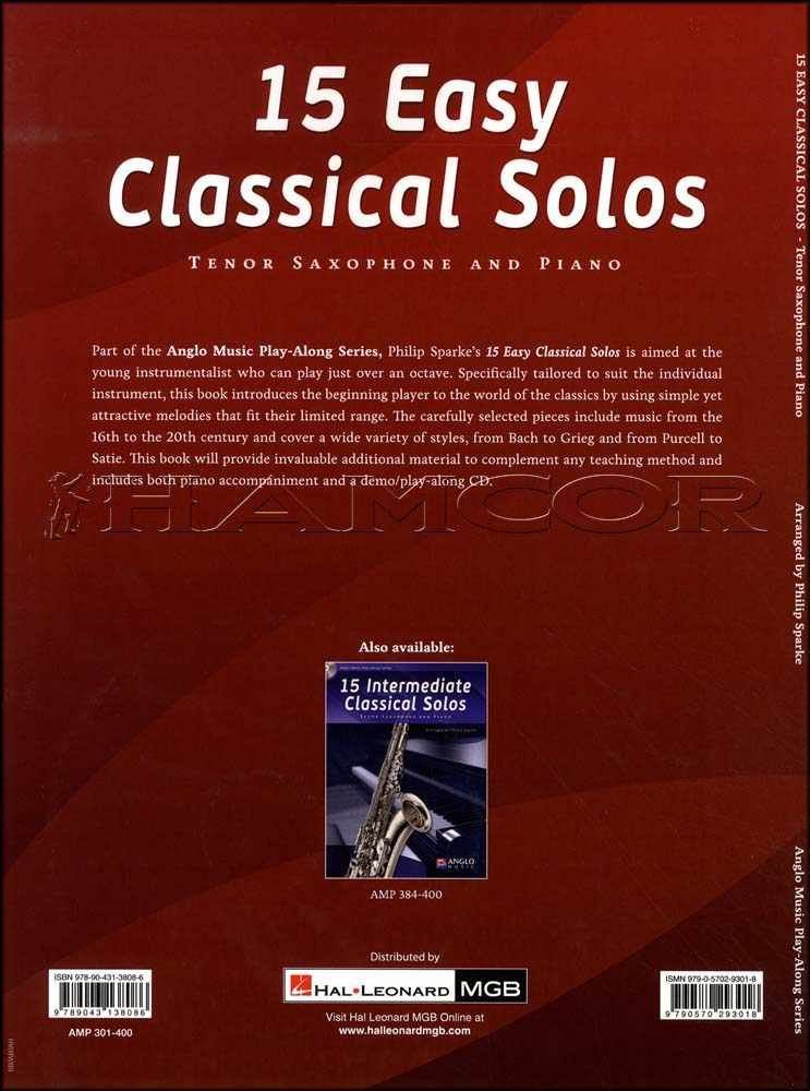 15 Easy Classical Solos for Tenor Saxophone Sax Sheet Music Book/CD