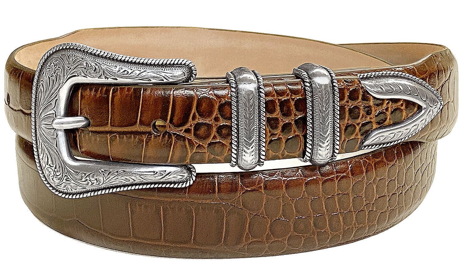 Brenton Designer Dress Belt with Western Silver Plated Buckle Set 1-1/8" Wide - Picture 9 of 15