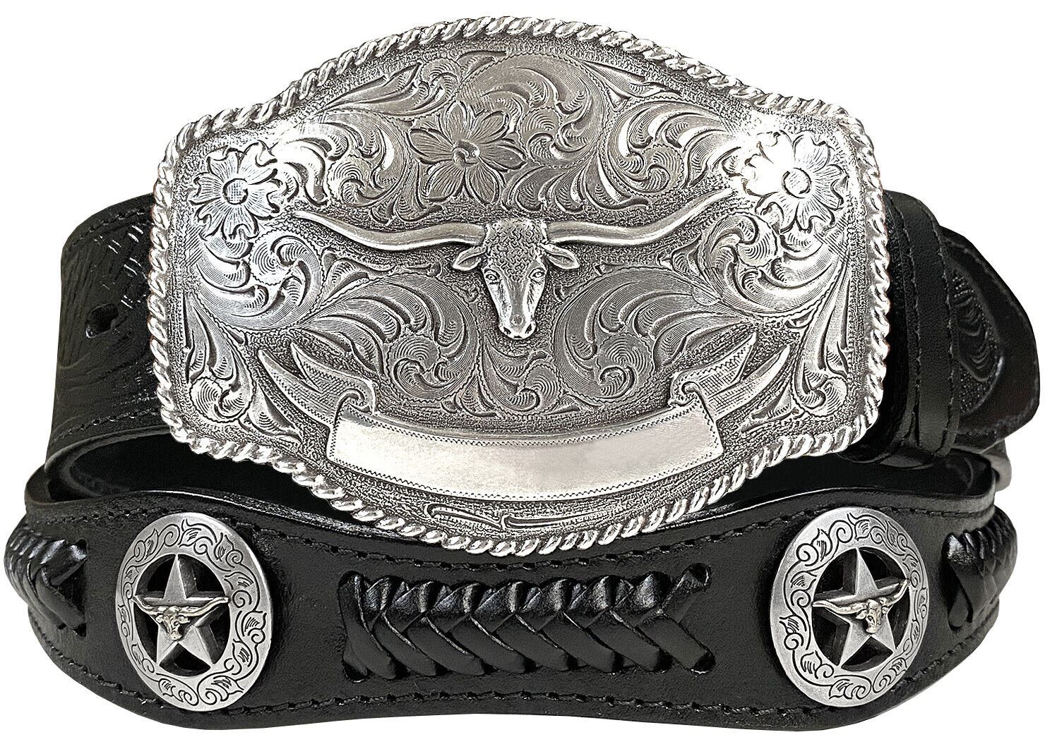 Western Longhorn Buckle Star Conchos Embossed Full Grain Leather Belt - Picture 13 of 16