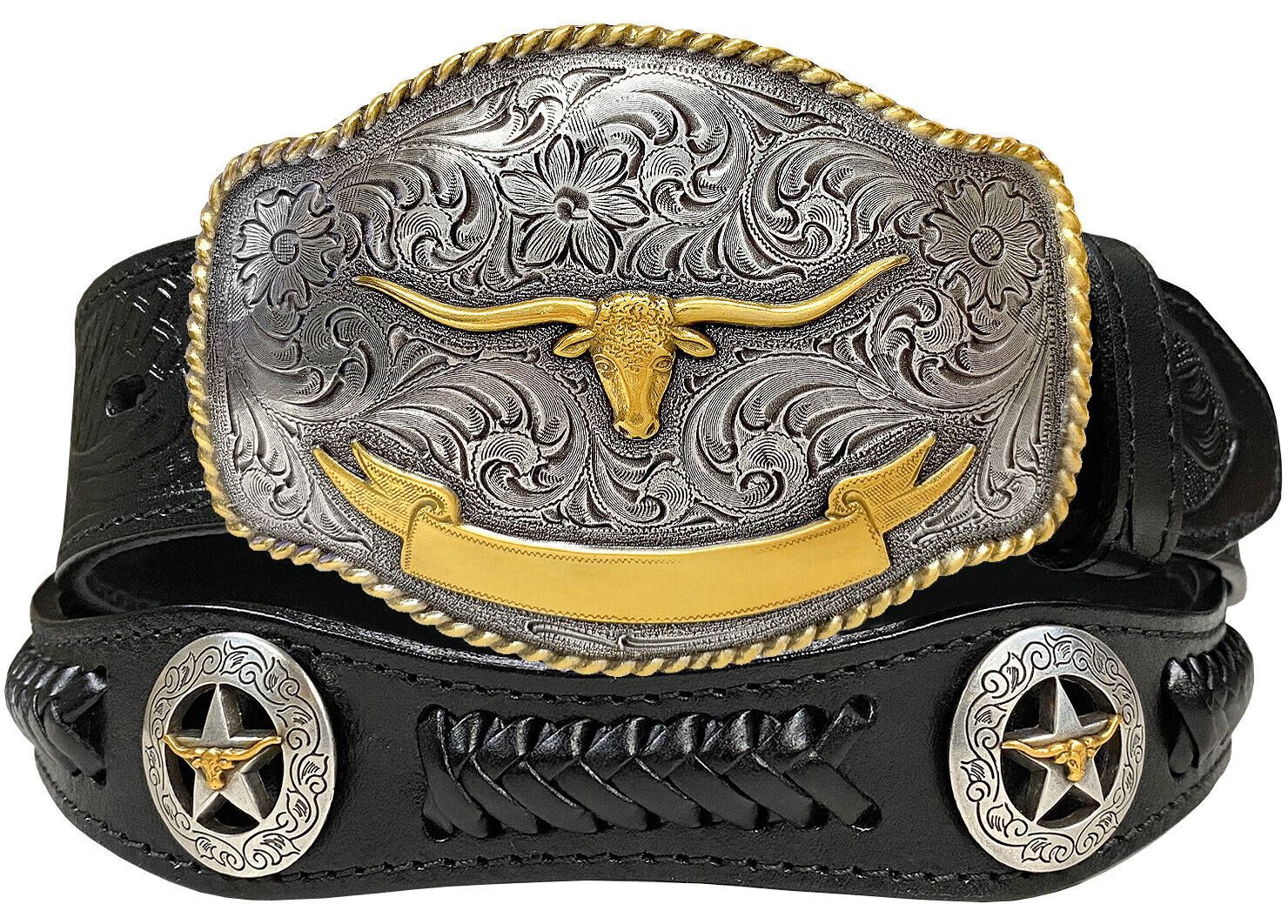 Western Longhorn Buckle Star Conchos Embossed Full Grain Leather Belt - Picture 14 of 16