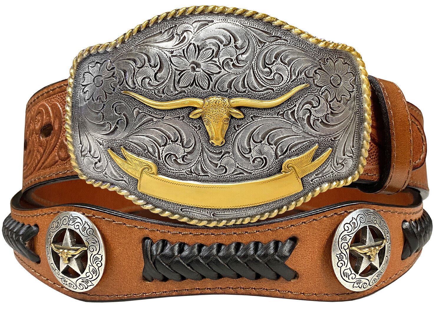 Western Longhorn Buckle Star Conchos Embossed Full Grain Leather Belt - Picture 16 of 16