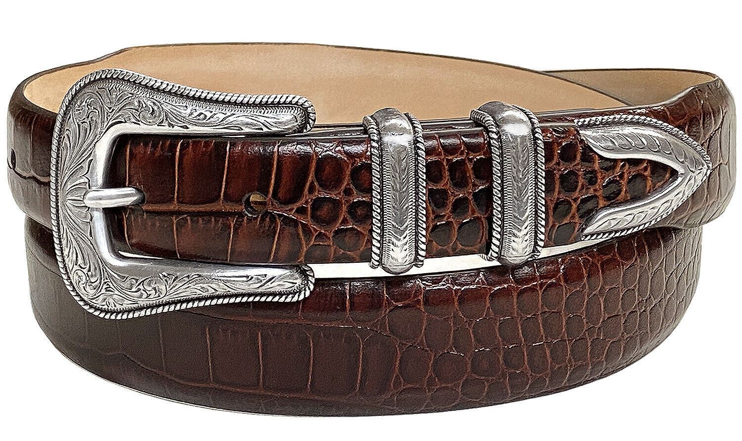 Brenton Designer Dress Belt with Western Silver Plated Buckle Set 1-1/8" Wide - Picture 7 of 15