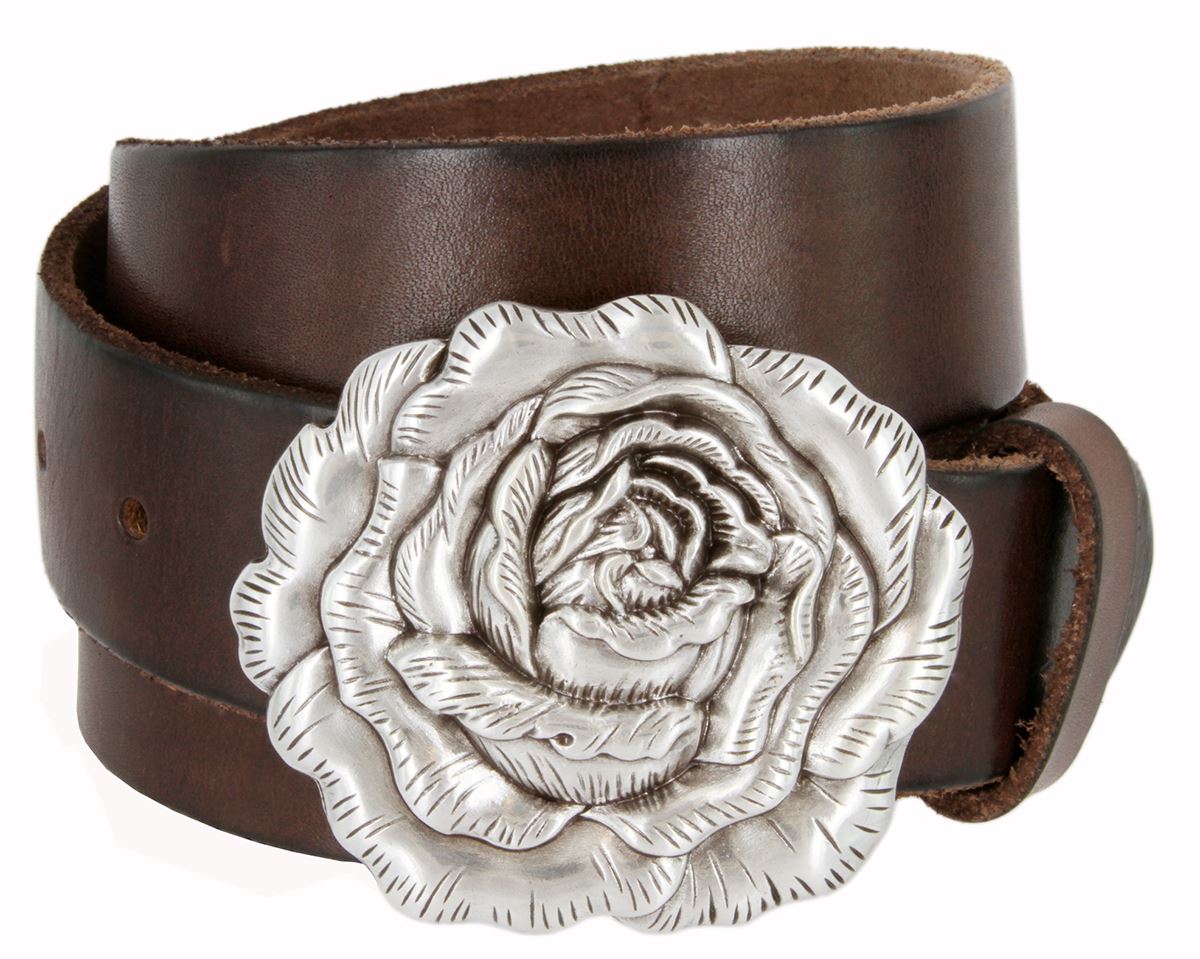 Women's Belt Antique Silver Rose Buckle Full Grain Leather Belt 1