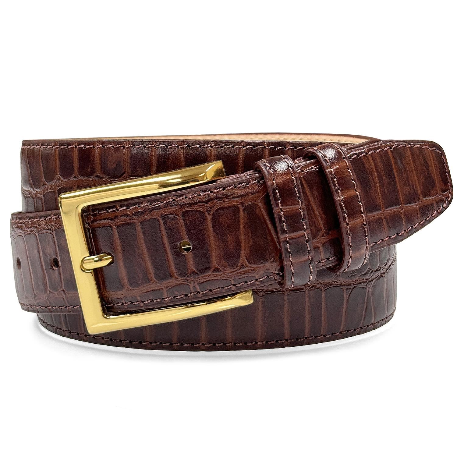 Men's Gold Buckle Genuine Leather Alligator Embossed Dress Belt 1-3/8" Wide - Picture 8 of 10