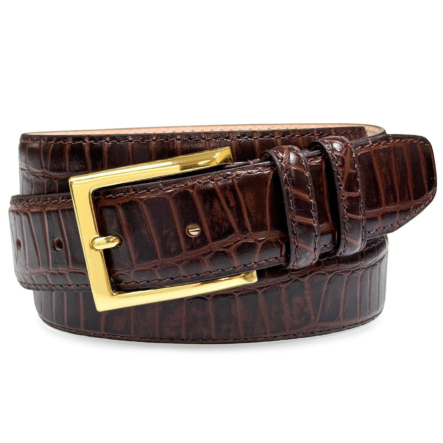 Men's Gold Buckle Genuine Leather Alligator Embossed Dress Belt 1-3/8" Wide - Picture 9 of 10