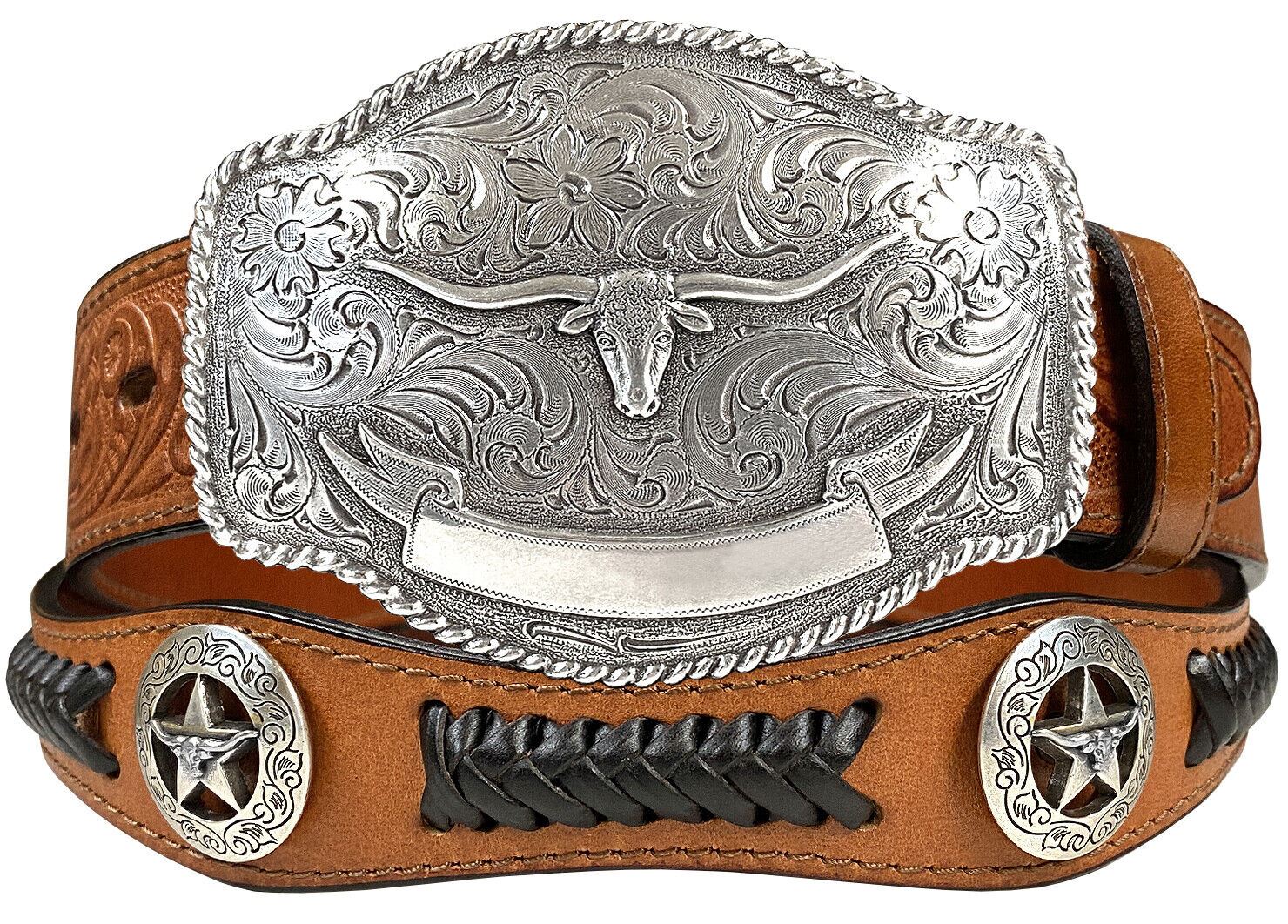 Western Longhorn Buckle Star Conchos Embossed Full Grain Leather Belt - Picture 15 of 16