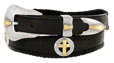Men's Western Gold Cross Concho Genuine Cowboy Leather Jean Belt Black Brown - Picture 3 of 4
