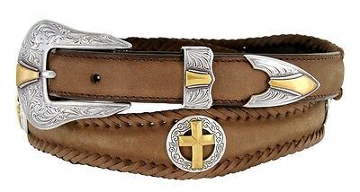 Men's Western Gold Cross Concho Genuine Cowboy Leather Jean Belt Black Brown - Picture 4 of 4