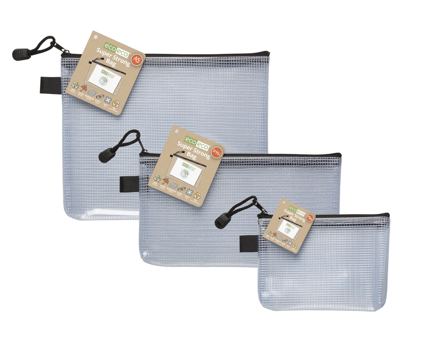 12 x eco-eco Small 95/% Recycled Super Strong Bag Clear Mesh Tuff Case Zip