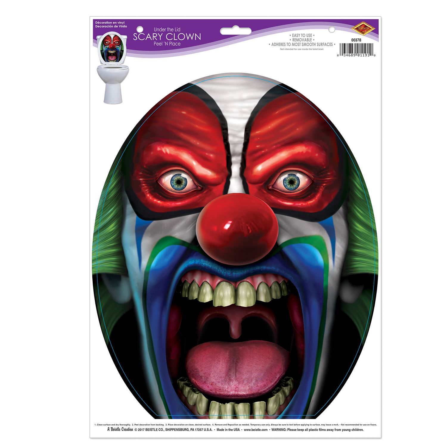 HALLOWEEN SCARY SKULLl CLOWN TOILET SEAT COVER STICKER HORROR PARTY DECORATION