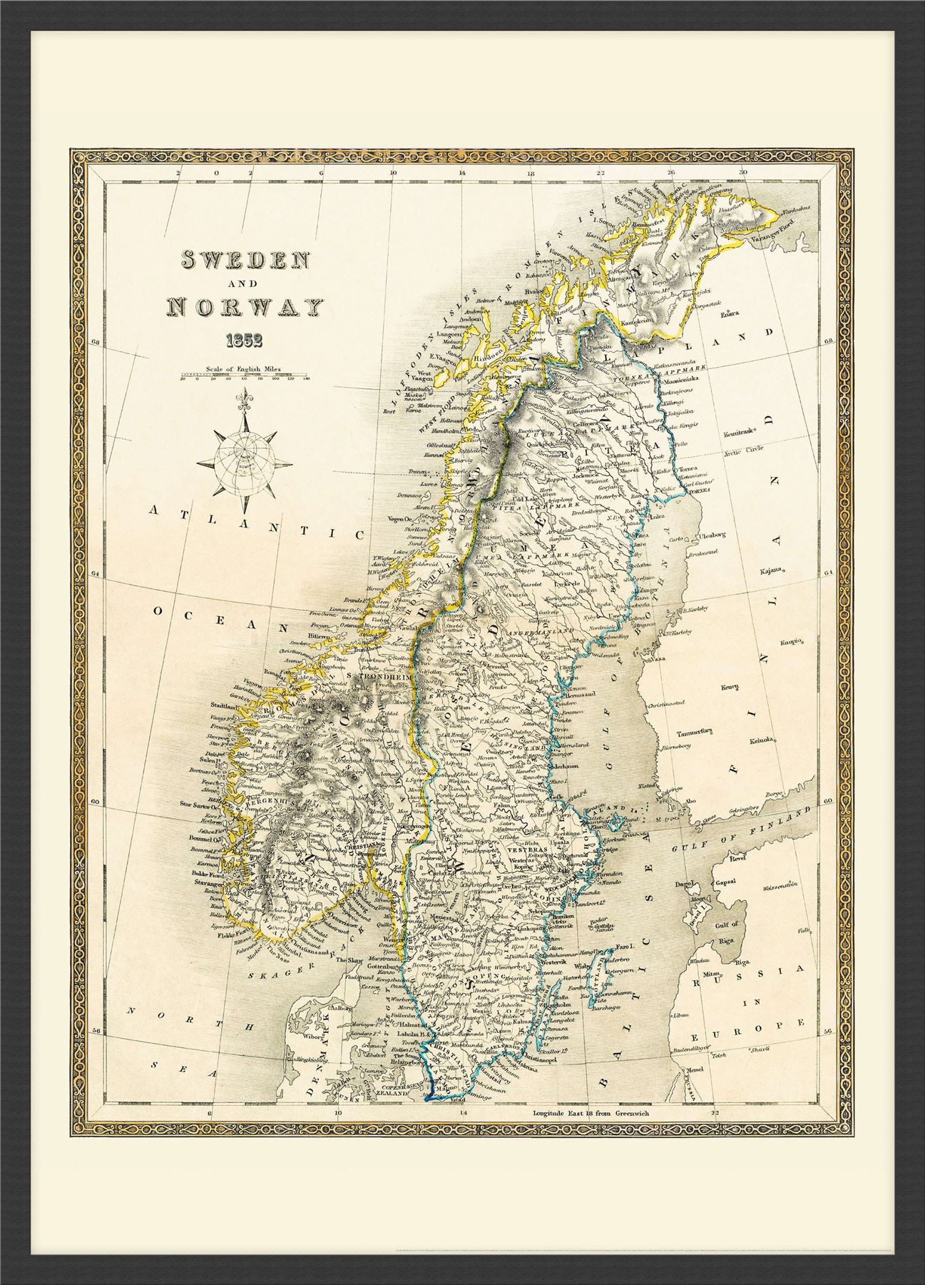 vintage john tallis map of sweden and norway 1852 with size finish size of norway