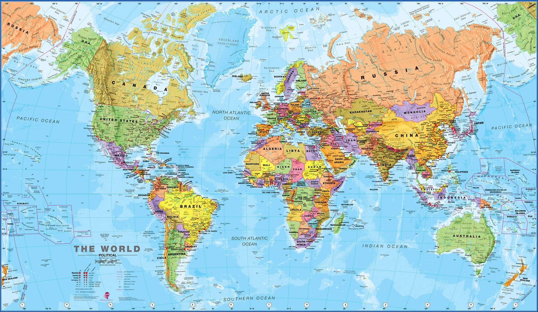 World Wall Map Political: Atlantic Centred: Paper in Perspex Tube