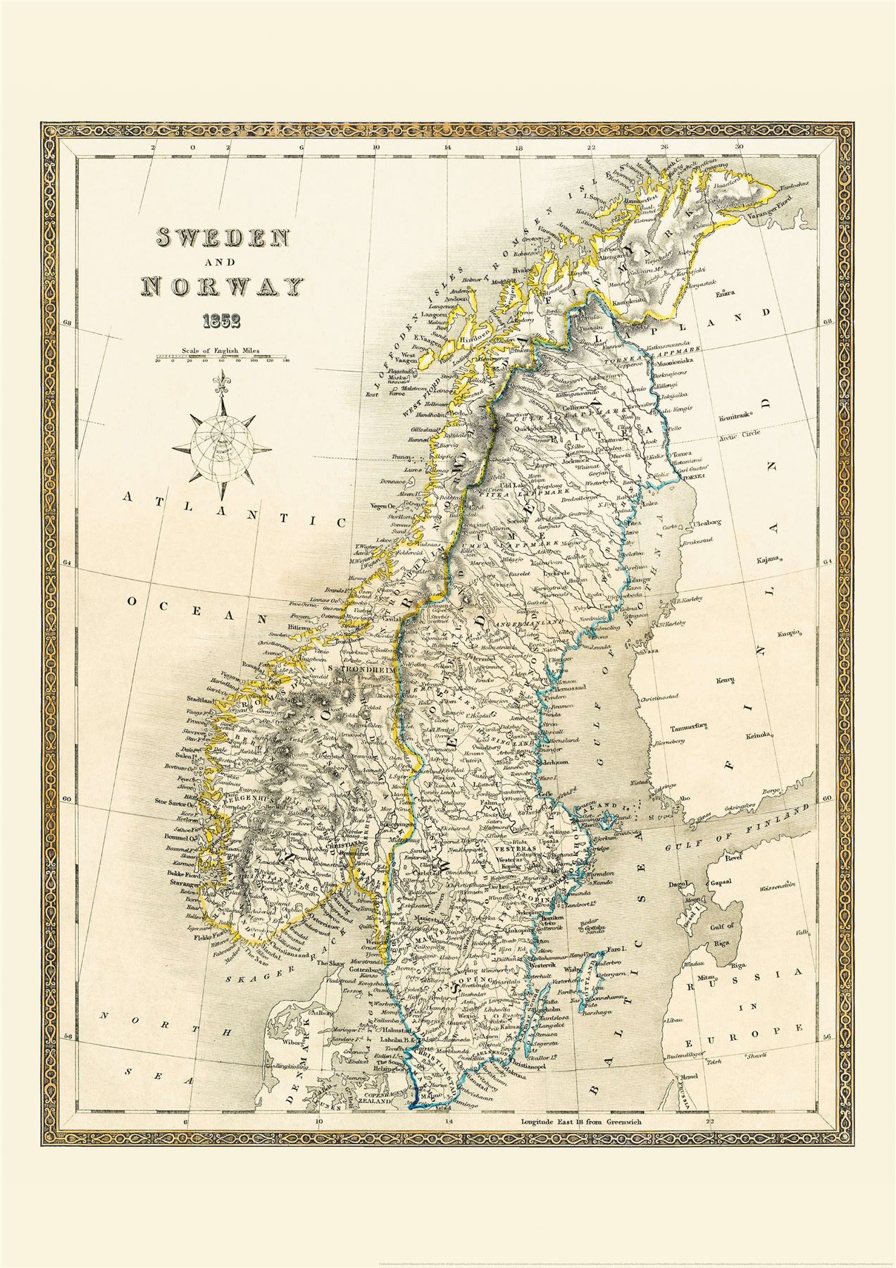vintage john tallis map of sweden and norway 1852 with size finish sweden size