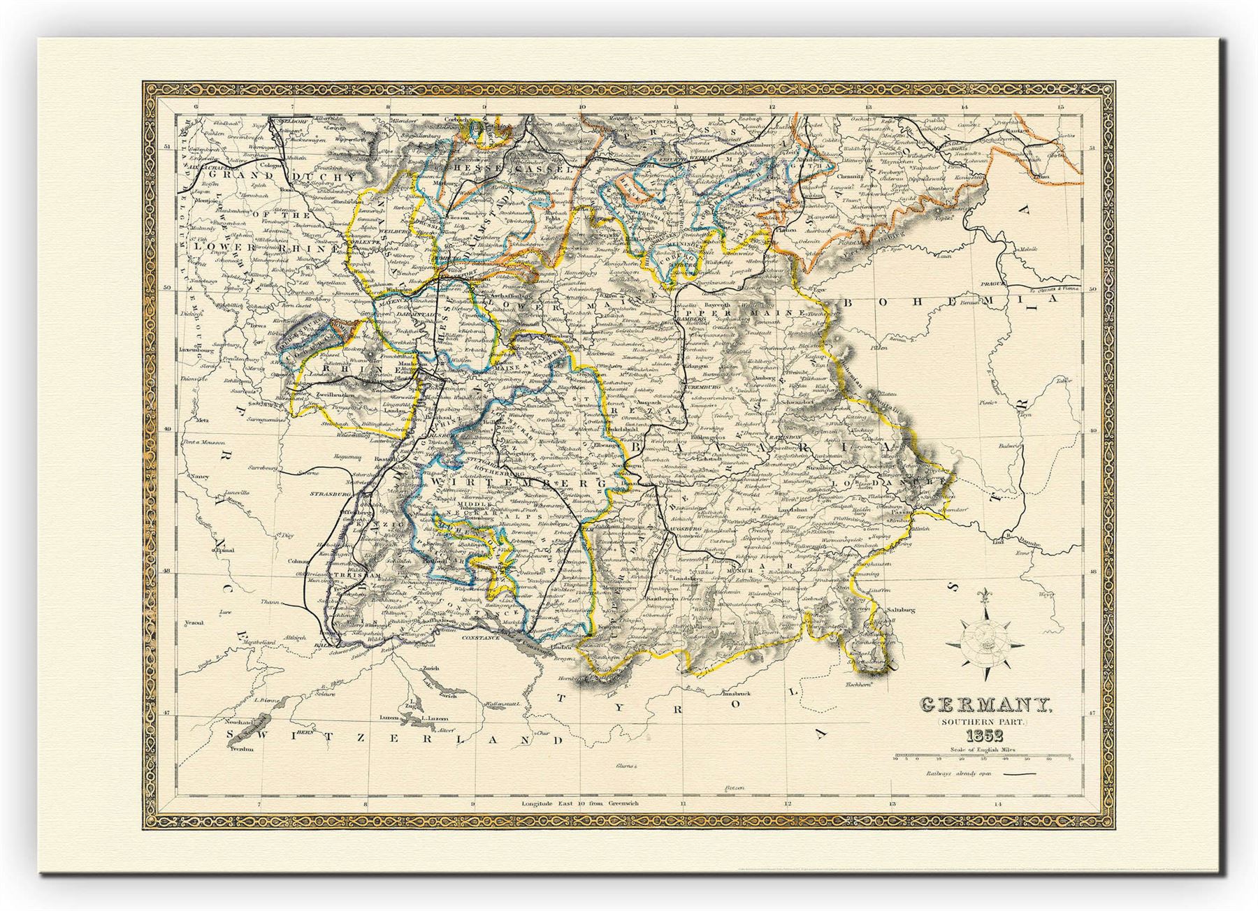 vintage map of southern germany poster for office