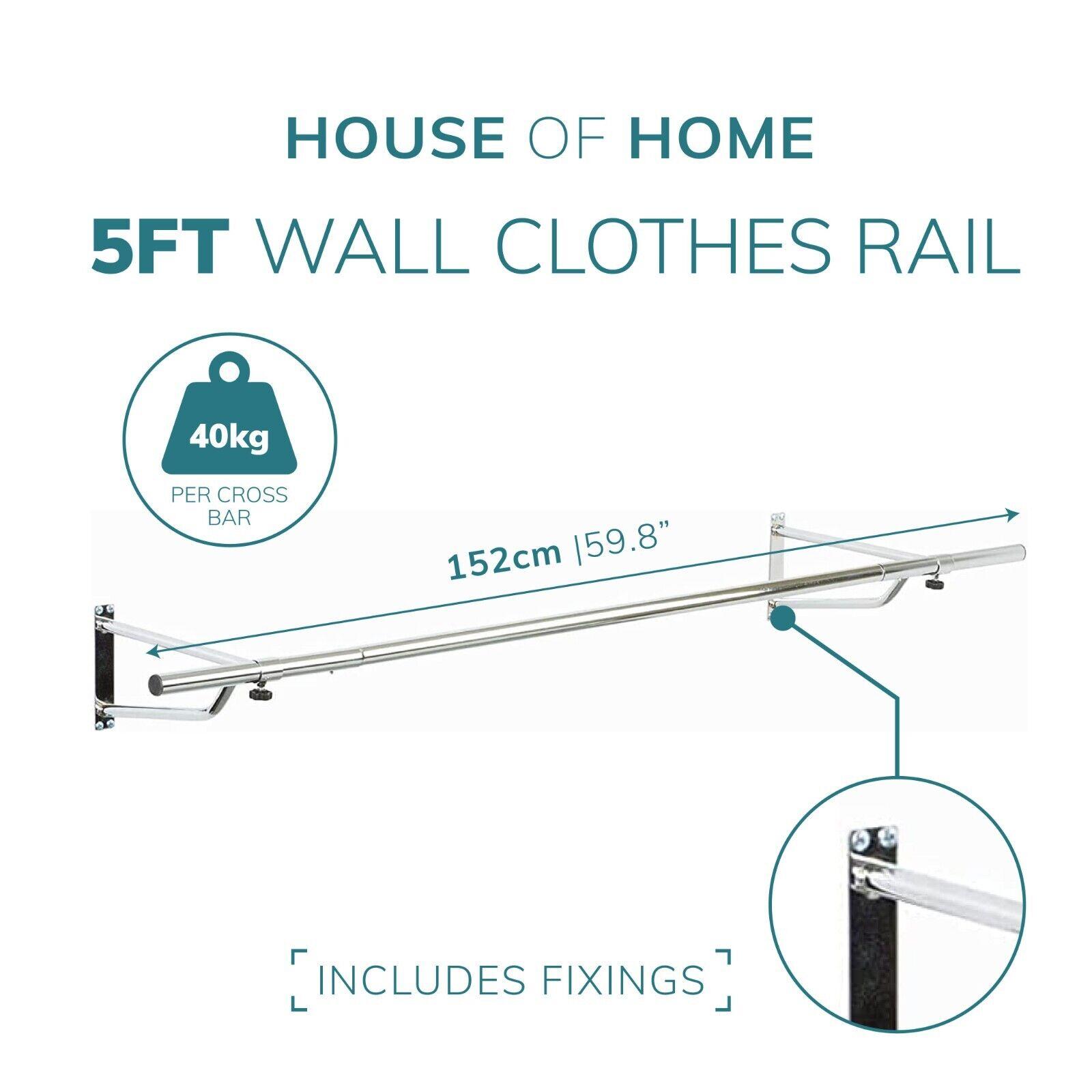 Clothes Rail Wall Mounted Garment Clothing Hanging Wardrobe Wall Rack Chrome