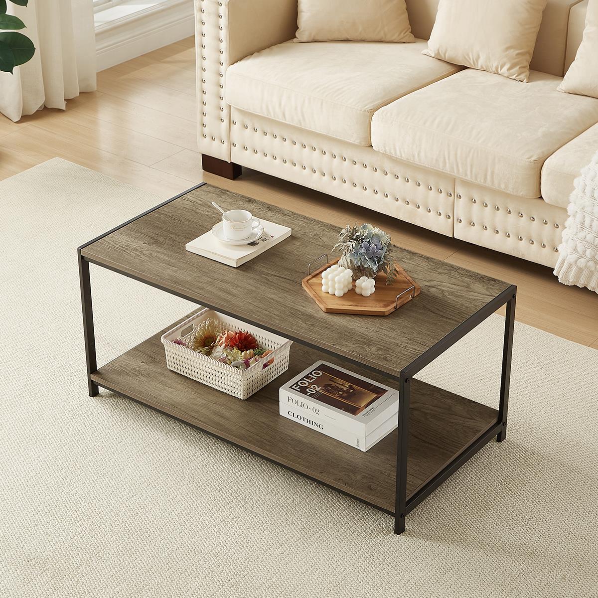Mesa de centro 100 cm 2 niveles rústica madera acabado grano salón estante de almacenamiento