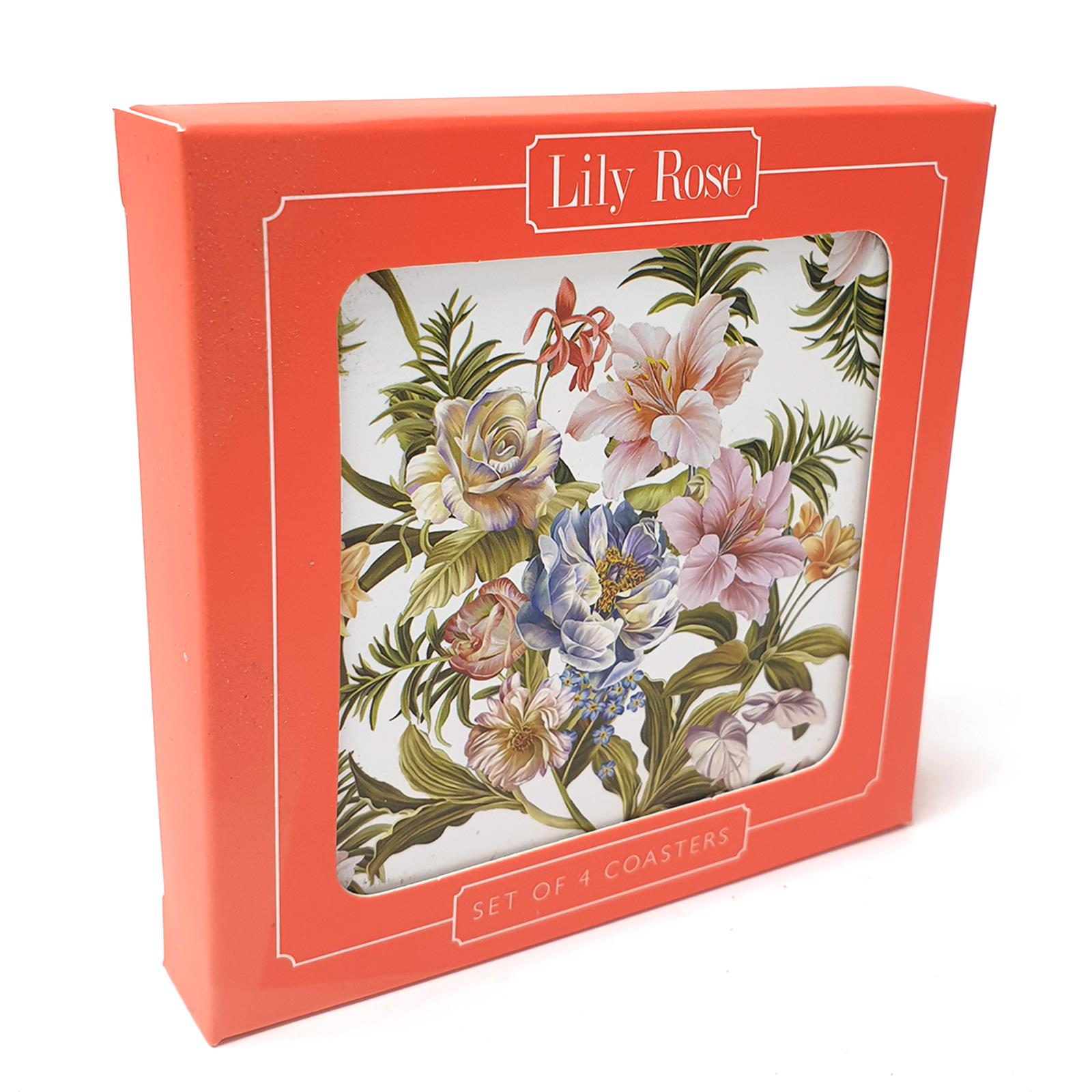 Set of 4 Lily Rose Flowers Colourful Floral Design Tea Coffee Cup Table Coasters Set of 4 Lily Rose Flowers Colourful Floral Design Tea Coffee Cup Table Coasters