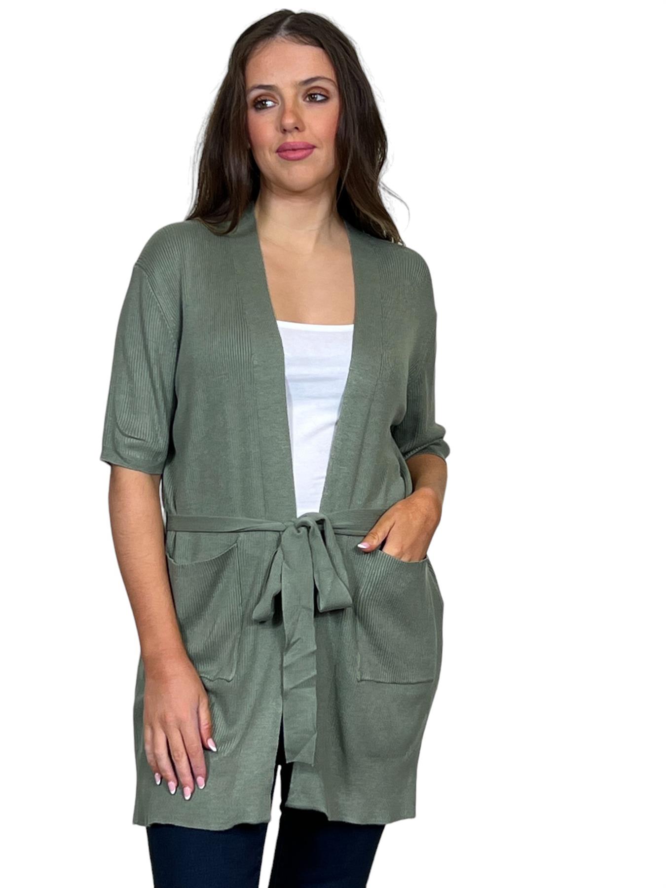 Ladies Short Sleeve Ribbed Tie Belt Cardigan - Picture 7 of 13