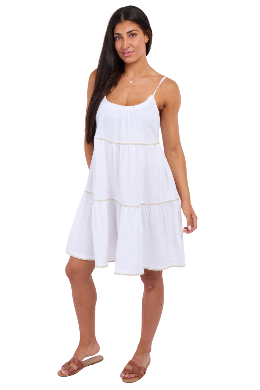 Ladies Tiered Summer Dress 100% Cotton Navy White Holiday Beach UK RRP £20 - Picture 6 of 7