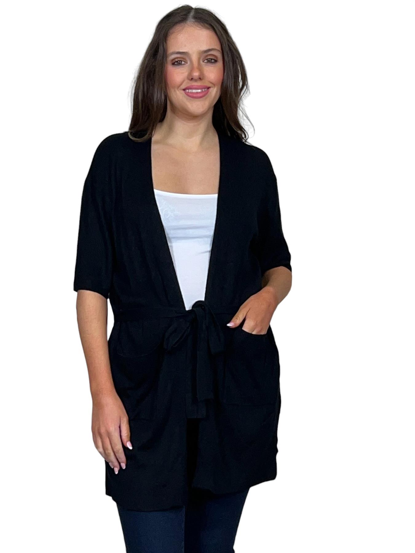 Ladies Short Sleeve Ribbed Tie Belt Cardigan - Picture 3 of 13