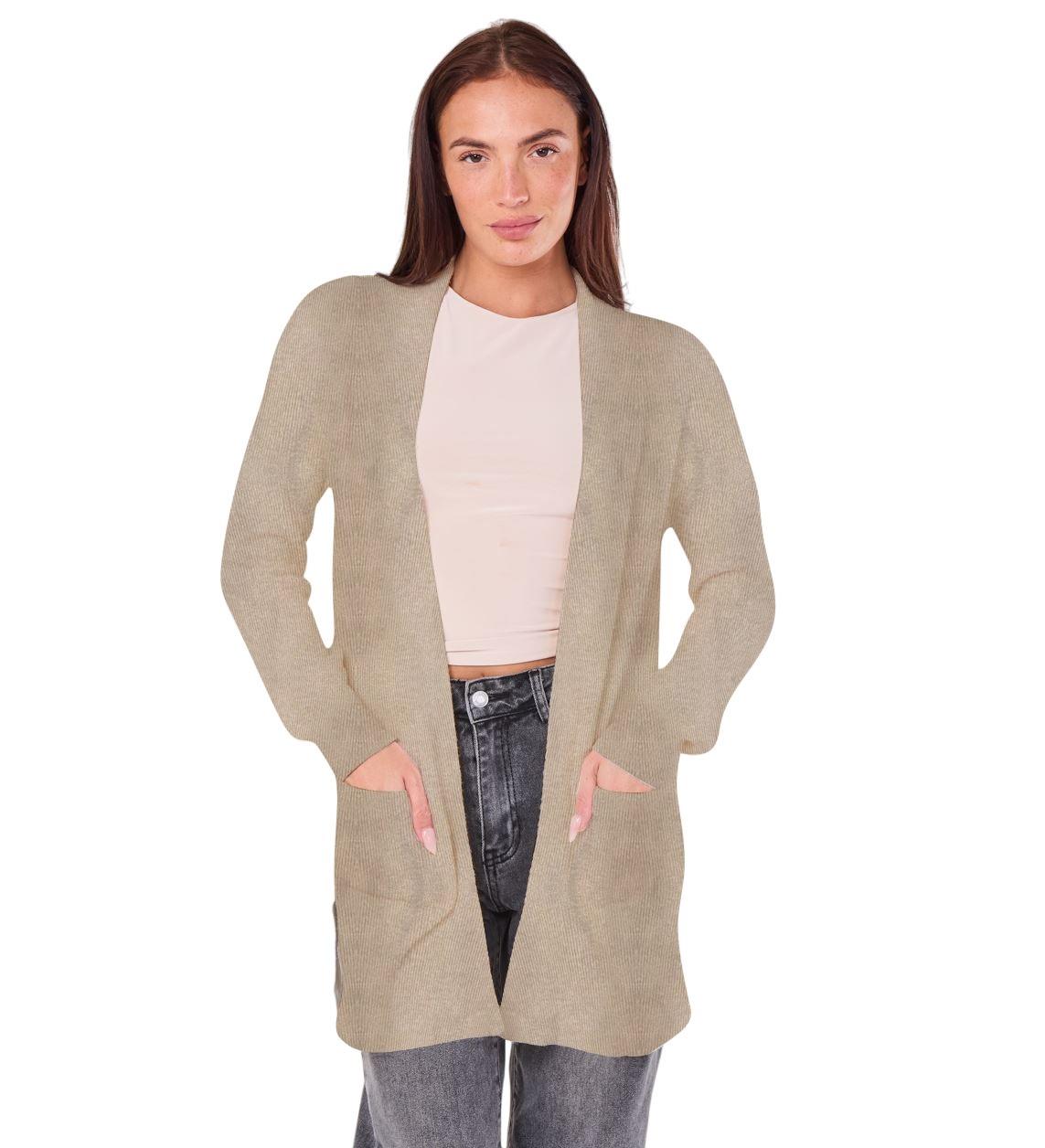 Ladies EX M&S Longline Open Front Ribbed Sleeve Cardigan Pockets