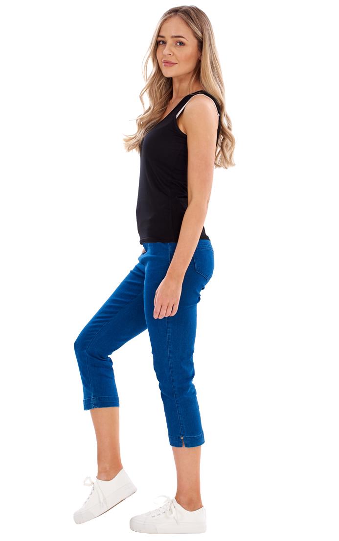 Ladies High Rise Pull On Comfort Crop Stretch Cropped Jeans - Picture 50 of 65