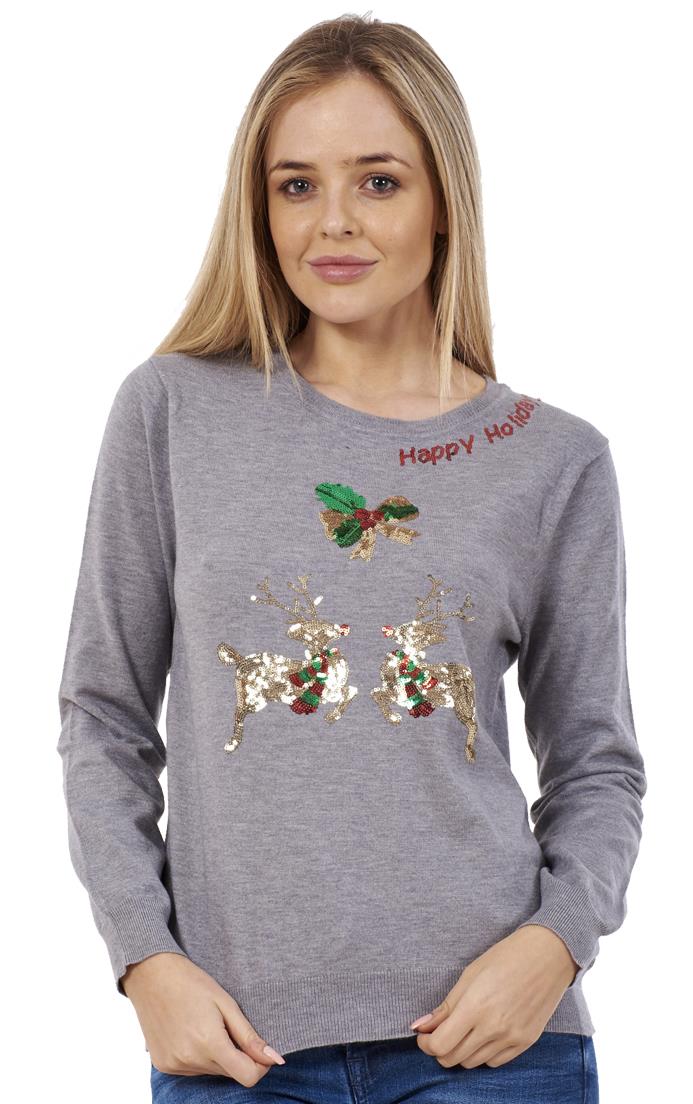 Ladies Novelty Sequin Snowman Rudolph Christmas Xmas Party Jumper Sweater
